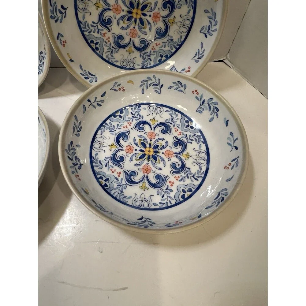 Melamine Pasta Bowls Mediterranean Print Blue Yellow On White Tan Rim Set of 4